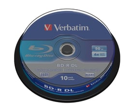 Verbatim BD-R DL Blu-ray-disk på 50 GB med op til 6x skrivehastighed ses på en blå spindel med etiketten opad.