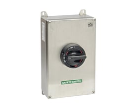 Katko 63A 3-polet reparationsafbryder i rustfri stål, vist fra en let skrå vinkel med 'ON' og 'OFF' markeringer på håndtaget.