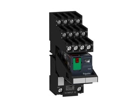 Schneider Electric Zelio RXM stikbensrelæ med sokkel og 4 C/O kontakter, vist fra siden med tydelig mærkning og testknap.