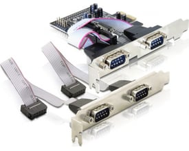 DeLOCK PCI-Express x1-seriekort med fire RS-232-porte og DB9-hanstik, vist med ekstra bracket og fladkabler.