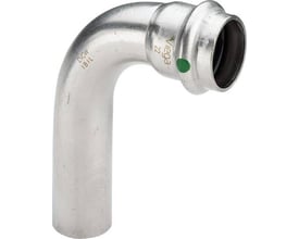 Viega G1 Sanpress Inox 90 graders bøjning med 28 mm indstik og presmuffe, fremstillet af rustfrit stål med grøn SC-Contur markering.