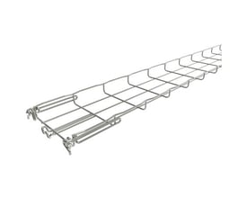 Nærbillede af Legrand gitterbakke FC med Fasclic+ samlingssystem, viser detaljer af den rustfri stålkonstruktion og bredde på 150mm.
