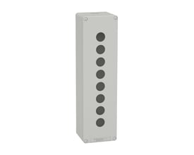 Schneider Electric Harmony XAP trykknapkasse i grå metal med otte Ø22mm huller på en hvid baggrund, perfekt til automationsløsninger.