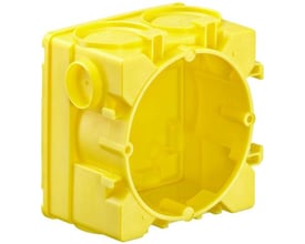 Kaiser beton dåse B2, H:48.5mm, åben, gul. Visuelt viser den den udvendige form og monteringsmuligheder.