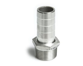 Slangestuds i rustfrit stål med 6-kant, 3/4" BSPT gevind og 20,5mm slangetilslutning, godkendt til 20 bar.