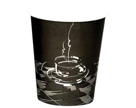 Sort pap kaffebæger med hvid tegning af en dampende kop kaffe på underkop, Ø8 cm, 25 cl, 50 stk.