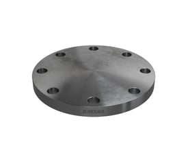 Indura blindflange 5 tommer, ANSI B16.5 150 lbs RF, med synligt logo på siden og monteringshuller.
