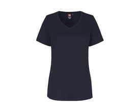 ID Identity navy dame T-shirt med V-hals, størrelse M, fremstillet af ansvarligt bomuld og genanvendt polyester.