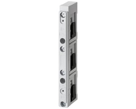 Siemens 3-polet samleskinne 8US1 til 60mm system, lavet af grå plast med monteringsskruer og UL-certificering.