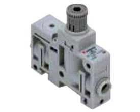 SMC regulator manifold serie ARM med IN/OUT 6mm og 230L/MIN kapacitet, vist i grå plast med en justerbar knap.