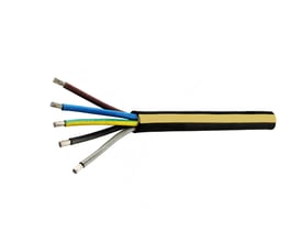 Sort Alukaflex 5G35 gummikabel med 5 isolerede aluminiumsledere i forskellige farver (brun, blå, gul/grøn, sort, grå) på hvid baggrund.