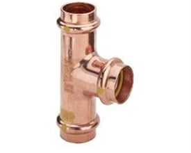 Viega T-stykke 28 mm, model Profipress G, fremstillet af kobber med synlige presmuffer og SC-Contur markering.