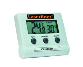 Laserliner ClimaHome Check digitalt hygrometer i hvid plast, viser temperatur og fugtighed med tydelige tal og symboler.