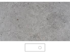 Grå Svedbergs kalkbordplade på 121 x 46 cm med udskæring H og uden armaturhul; nederst ses en enkel skitse af pladen.