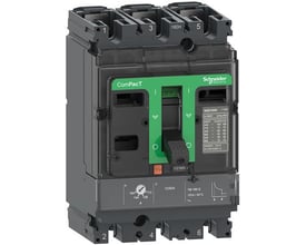 Schneider Electric ComPacT NSX100R maksimalafbryder med 3 poler og TM100D relæ, stående på en hvid baggrund.