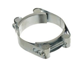 MichLar galvaniseret power clamp med 25mm bånd og dobbelt bolt, justerbar fra 200-215mm. Produktet er vist med isoleret hvid baggrund.