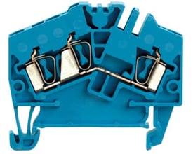 Detaljeret billede af Weidmüller ZDU 2/3AN klemmen, der viser den interne fjedermekanisme og 2,5 mm² tilslutningsmuligheder.