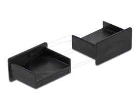 DeLock sorte støvbeskyttere til USB-A uden greb, vist fra to vinkler med den åbne ende synlig.