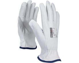 Detaljeret billede af hvide OX-ON Worker Comfort 2301 handsker i gedeskind, med synlig logo og størrelsesetiket på den ene handske.