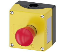 Siemens nødstop knap 3SU1 med gul kapsling og 40mm rød trykknap til nødstopsstop af maskiner.