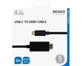 Deltaco USB-C til HDMI-kabel i sort emballage med kabel, 2 meter og understøttelse af 4K UHD ved 60 Hz.