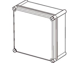 Isometrisk perspektiv af Fibox EK SOLID kassebund 280x280x100mm i grå polycarbonat, uden flangeblanketter.