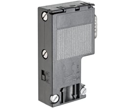 Siemens Profibus stik 6ES7972-0BA12-0XA0 med 90 graders kabeludgang og skrueterminaler, vist på hvid baggrund.