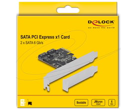 Emballagen viser DeLock SATA-kortet med to porte, PCI Express x1-tilslutning og beslag til lavprofilformat.