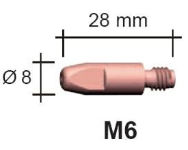 Abicor Binzel kontaktdyse M6x28 mm med dimensioner markeret: ø8 mm ydre diameter og 28 mm længde.