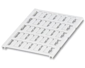 Nærbillede af Phoenix Contact UC-WMC 3,1 ledningsmærker i hvid plast, der viser den praktiske klipslås-mekanisme.