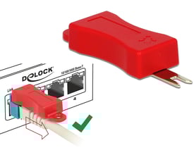 DeLock RJ45 Secure Clip i rød viser dens funktion til at beskytte RJ45 stik, monteret på et netværkskabel.