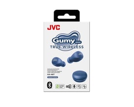 JVC Gumy Mini True Wireless earbuds i blå farve, vist på produktpakken med Bluetooth logo og 23 timers batteritid.