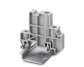 Phoenix Contact endeholder E/UK 1 i grå plast med en bredde på 10 mm, fastgjort til en metal skinne.