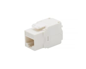 VAERK modulær jack CAT6A UTP RJ45 i hvid, op/ned version, toolless design til nem installation på hvid baggrund.