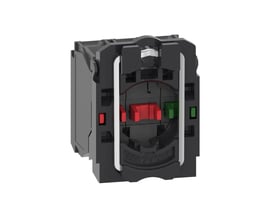 Schneider Electric Harmony XB5 kontaktkrop med 1 NO og 2 NC kontakter, viser fjederterminalerne og rød/grøn betjening.
