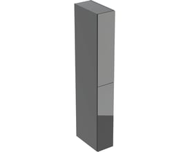 Geberit højskab i mat grå spånplade med to fronter af blankt, mørkegråt glas, der viser integrerede greb og soft close skuffer.