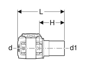 Teknisk tegning af Geberit FlowFit overgang med dimensioner markeret: d=40mm, d1=35mm og L=byggelængde.