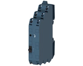 Siemens SIRIUS 3RS70 signalkonverter i mørkeblå plast med fjederklemmer og manuel/automatisk omskifter. Produktet er vist fra siden på en neutral baggrund.
