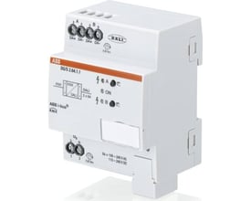 Nærbillede af ABB KNX DALI gateway, viser tilslutninger for DALI og KNX, samt produktets modelnummer og logo.