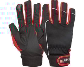 Sort Dry Comfort handske i størrelse 9 med røde detaljer og hvide reflekser på fingrene, vist på hvid baggrund.