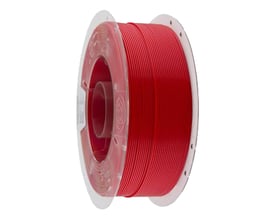 Rød PrimaCreator EasyPrint PLA-filament, 1,75 mm og 1 kg, oprullet på en spole set skråt forfra.
