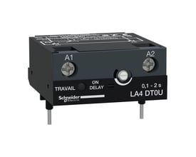 Schneider Electric TeSys D tidsblok LA4 DT0U med tidsindstilling 0,1-2 sekunder og mærket A1, A2 samt ON DELAY.