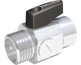 Detaljeret 3D-gengivelse af Broen 1/2" Filterfix muffe/nippel, der viser den kromede overflade og Ballofix logoet.