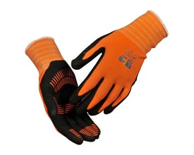 Boisen Safety Thor Flex Grip arbejdshandske i str. 9 med orange bagside og sort nitrilbelagt håndflade for godt greb.