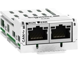 Schneider Electric Can Open kommunikationskort med 2 x NJ45 stik og RUN/ERR indikatorer, monteret på DIN-skinne.