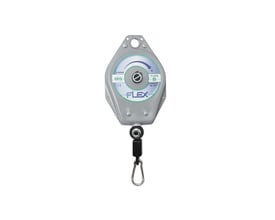 FLAIR fjederbalance type B i gråt metalhus med justerbar kapacitet på 0,5-1,0 kg og en karabinhage i bunden.