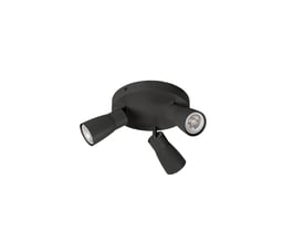 SLV PURI CW loftlampe i mat sort, set fra en vinkel der viser lampens tre spots og monteringsbase.