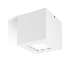 Et hvidt, kubisk loftarmatur kaldet Quasar 10 LED med et 5W, 3000K LED-panel i bunden, monteret på en hvid baggrund.