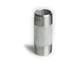 Nippelrør i rustfrit stål, 3/4" x 100mm, med udvendige gevind på begge ender og glat mellemstykke.