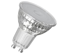 Klar glas LED PAR16 pære med GU10 fatning, der erstatter 50W glødepærer med kun 3,7W forbrug.